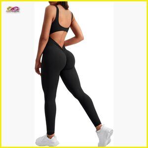 Sleeveless Backless Jumpsuit Sexy V Back Scrunch Tummy Control Workout Romper